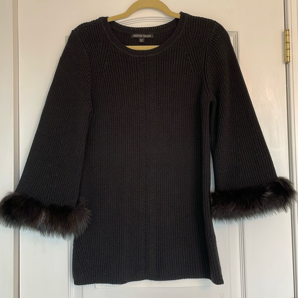 Boston Proper Black Knit Sweater with Faux Fur Cuffs Size S (NWOT)